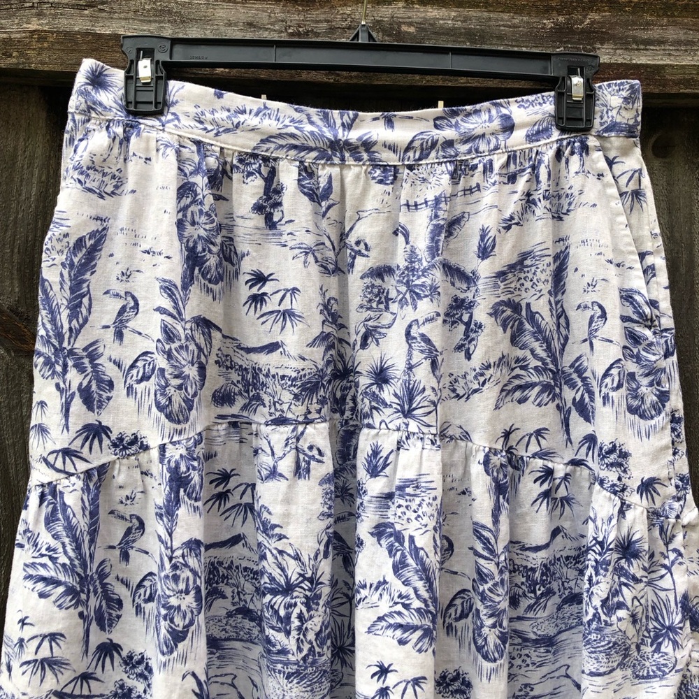 Joie 100% Linen Tropical Toile Midi Skirt Size XL Pockets Blue White Beach - Picture 5 of 15